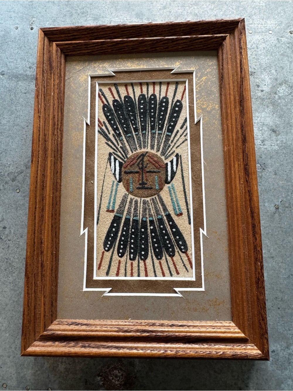 Framed 9” x 6” Navajo Sand Painting by Tracy Bryant . COA on Back.